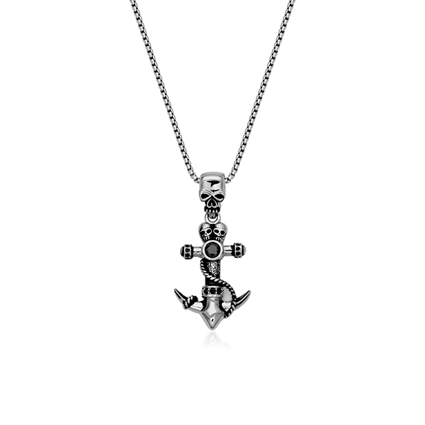CJ STEELX Black CZ Skull Anchor Pendant - Silver