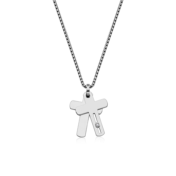 CJ STEELX White Cubic Zirconia Double Cross Pendant - Silver