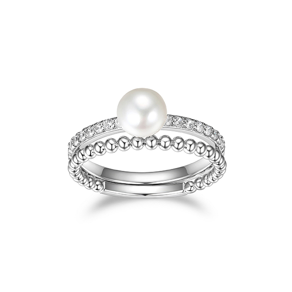 Diamondlite Cubic Zirconia 6.5mm Pearl Solitaire Ring with Beaded Band - Silver - Size 7