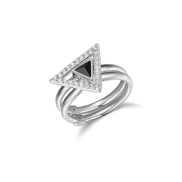 RR4LACX-W-6 "Spatial" Sterling Silver Black Agate and Pave Cubic Zirconia Duet Rings - Silver