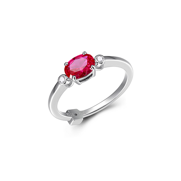 RR4LACZ0-W-8 "Holiday Stars" Oval Created Ruby and Lab Grown Diamond Solitaire Ring - Silver