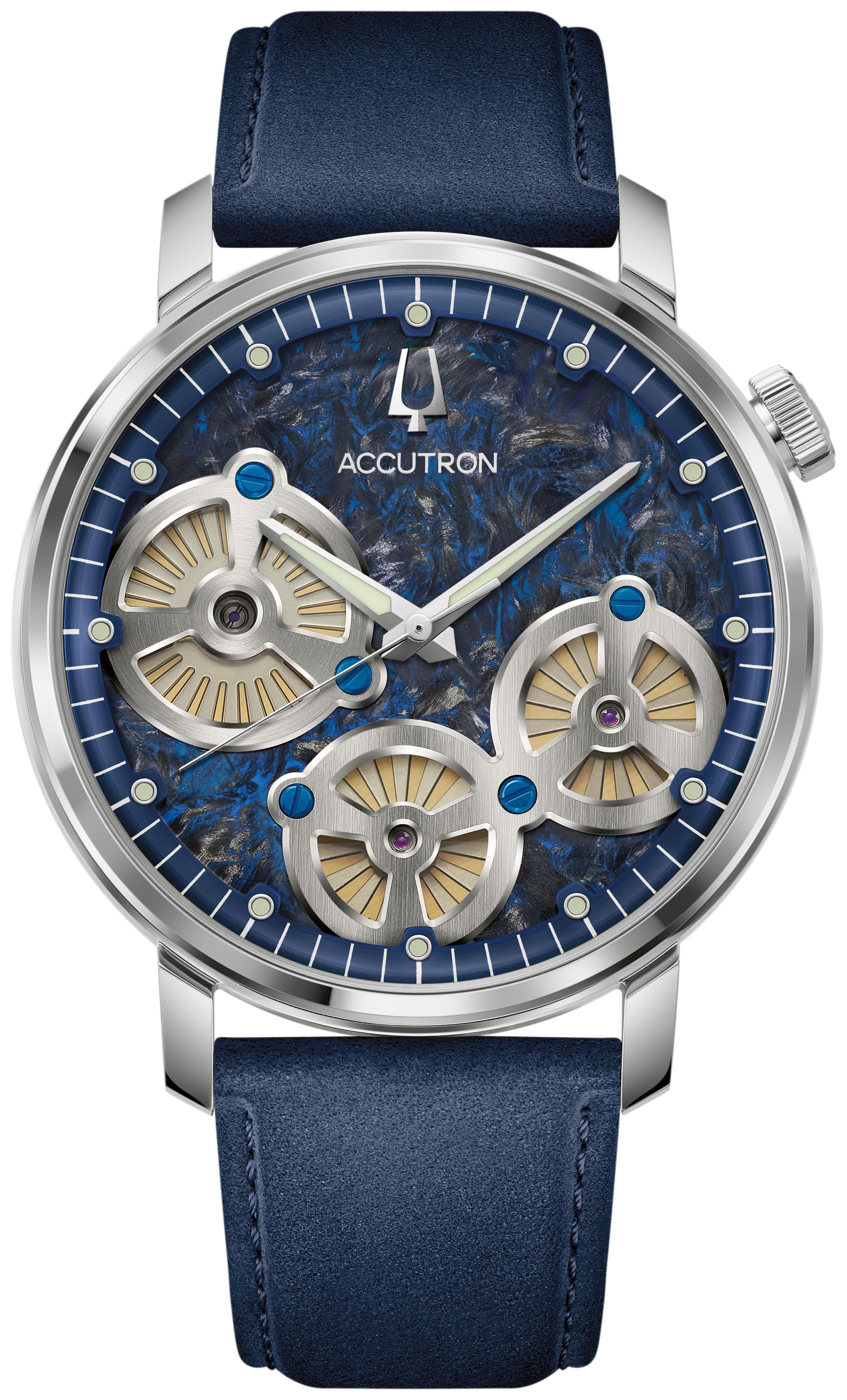 Men's Spaceview Evolution Stainless Steel case Leather Strap watch, Blue dial