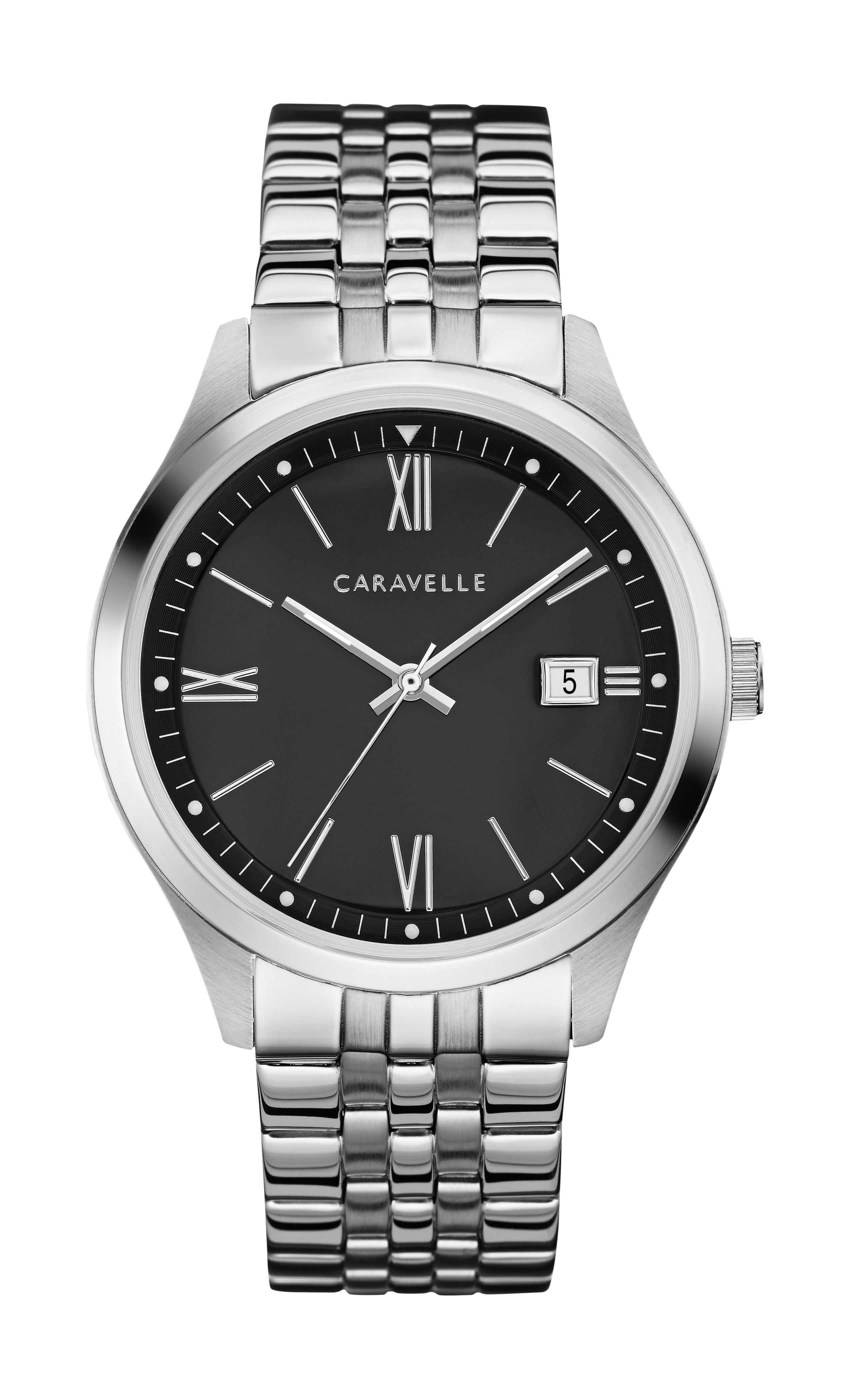 Men's Quartz Stainless Steel Bracelet Watch Black Dial with Date Marker and Roman Numerals