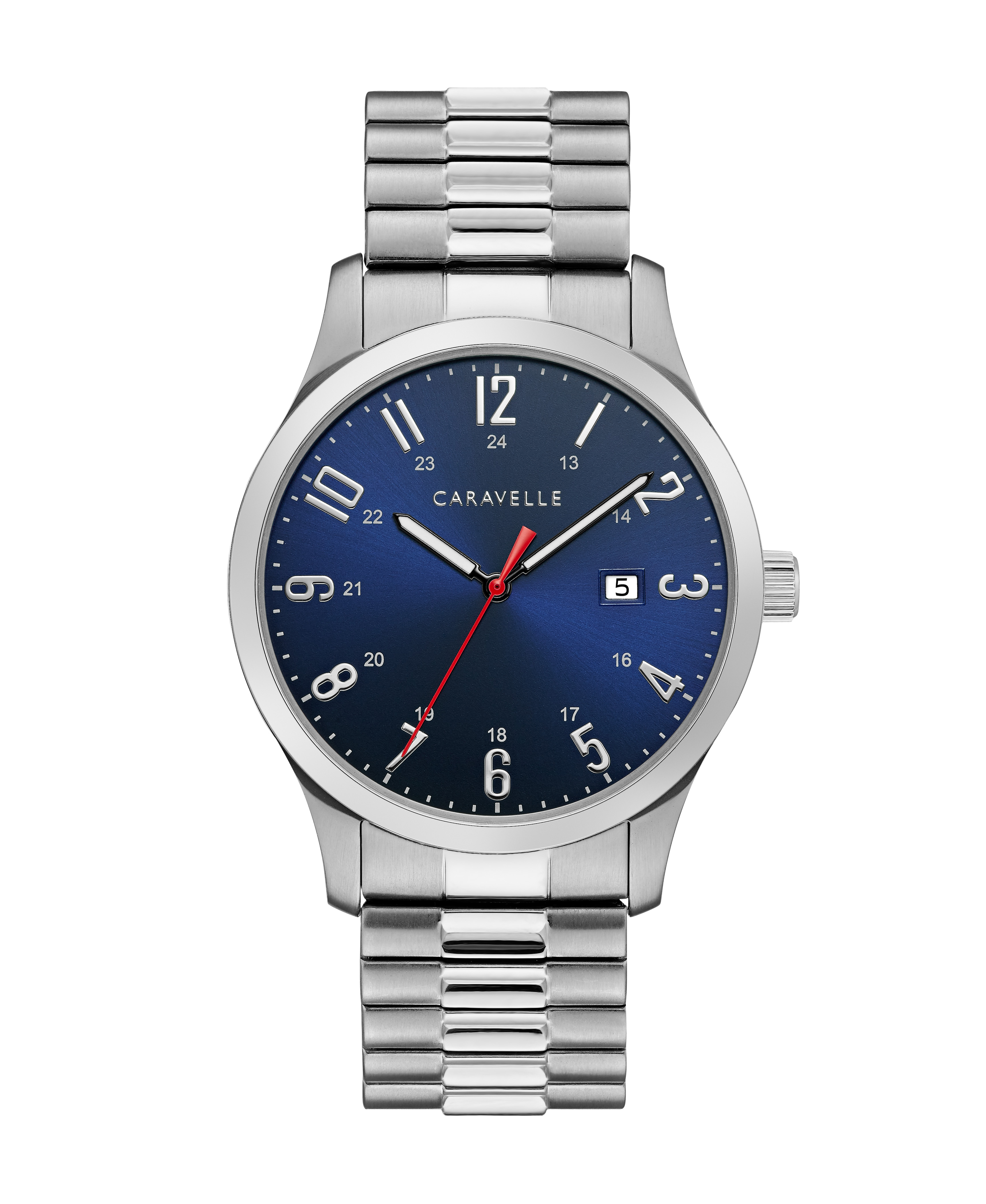 Men's Silver-Tone Stainless Steel Expansion Watch, Dark Blue Dial