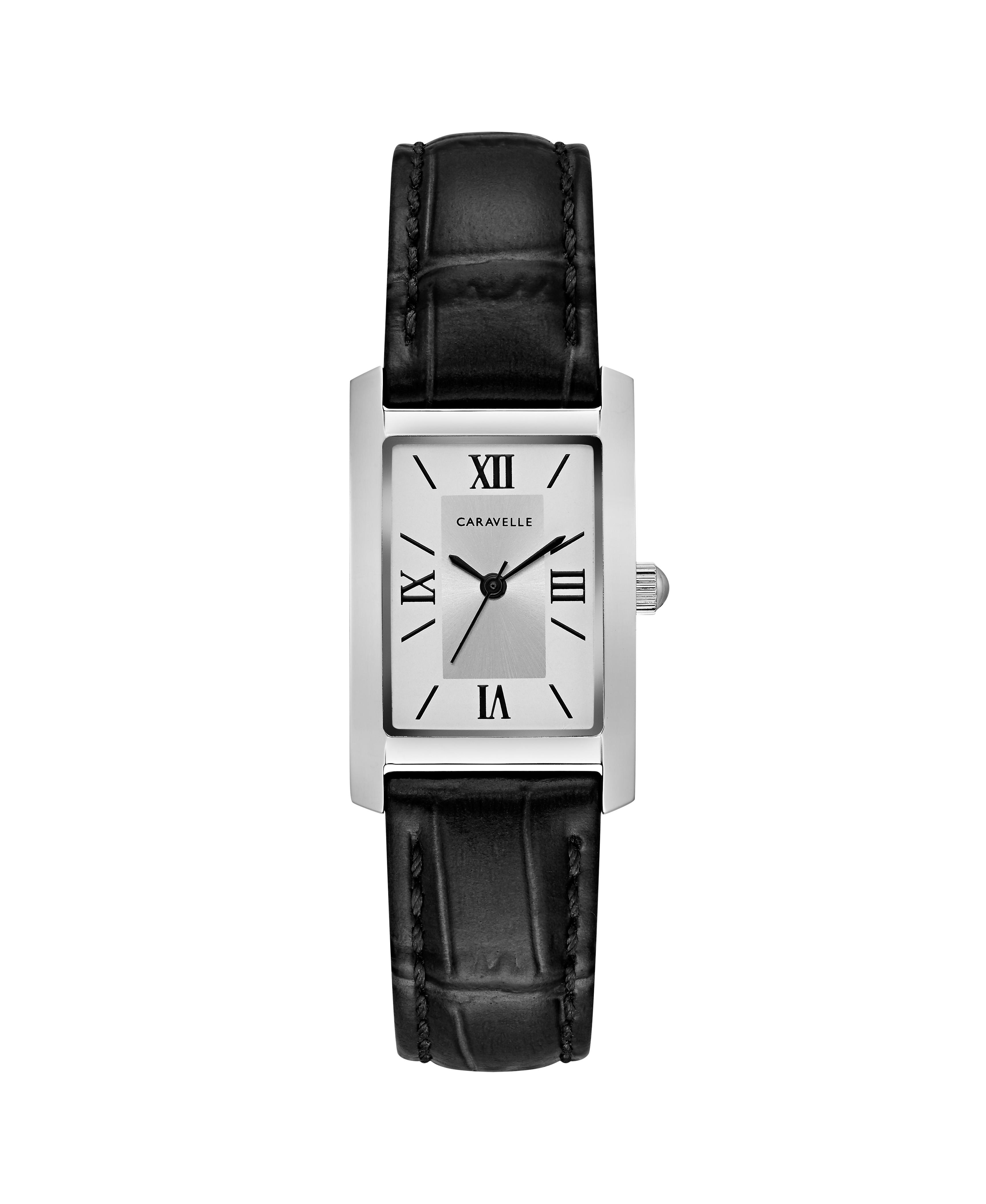 Ladies Rectangular Black Leather Strap Watch