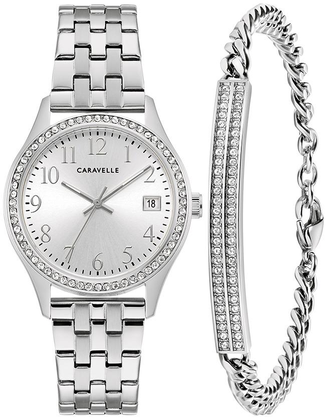 Ladies Classic Silver-Tone Stainless Steel Box Set w/ Crystal Bracelet