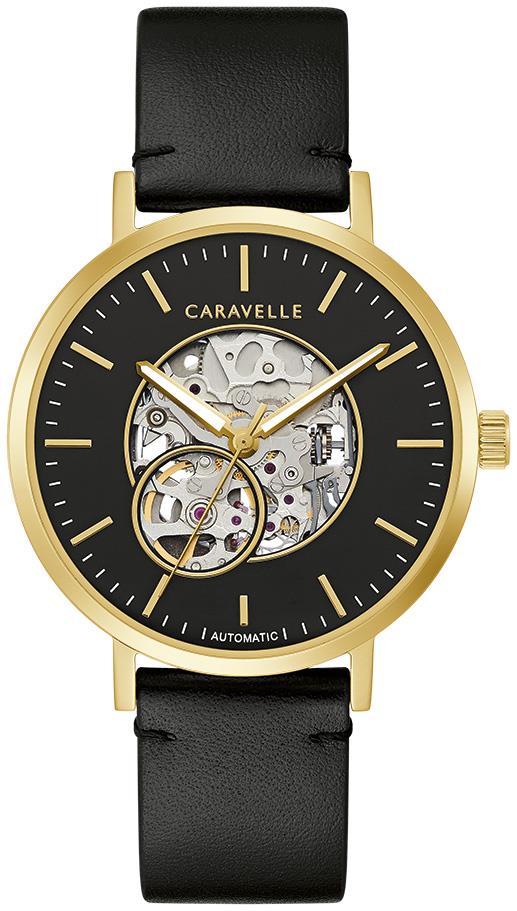 Men's Black leather strap watch with open aperture black dial