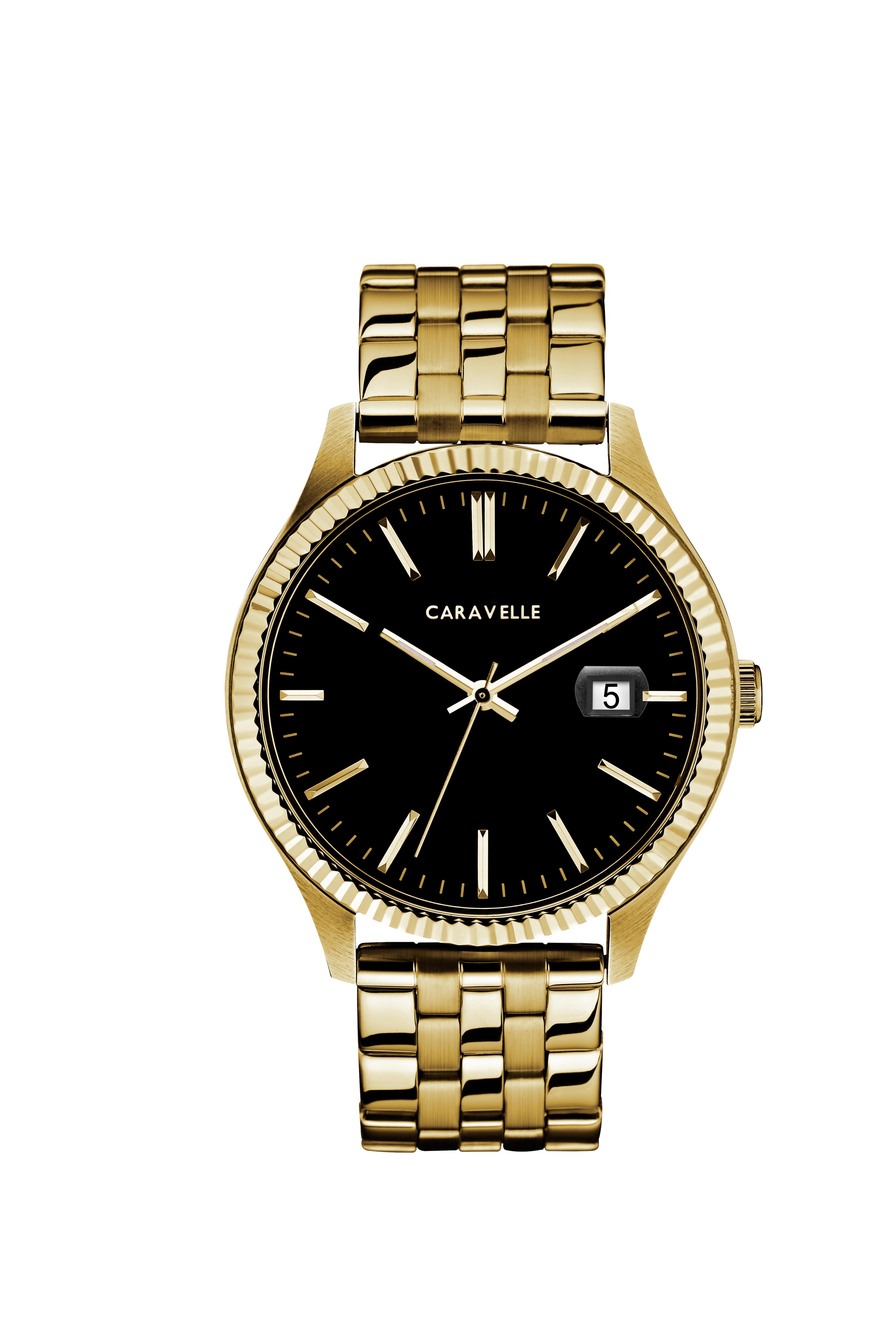 Men's Gold Tone Stainless Steel Bracelet Watch with Black Dial, Gold Accents and a Date Marker