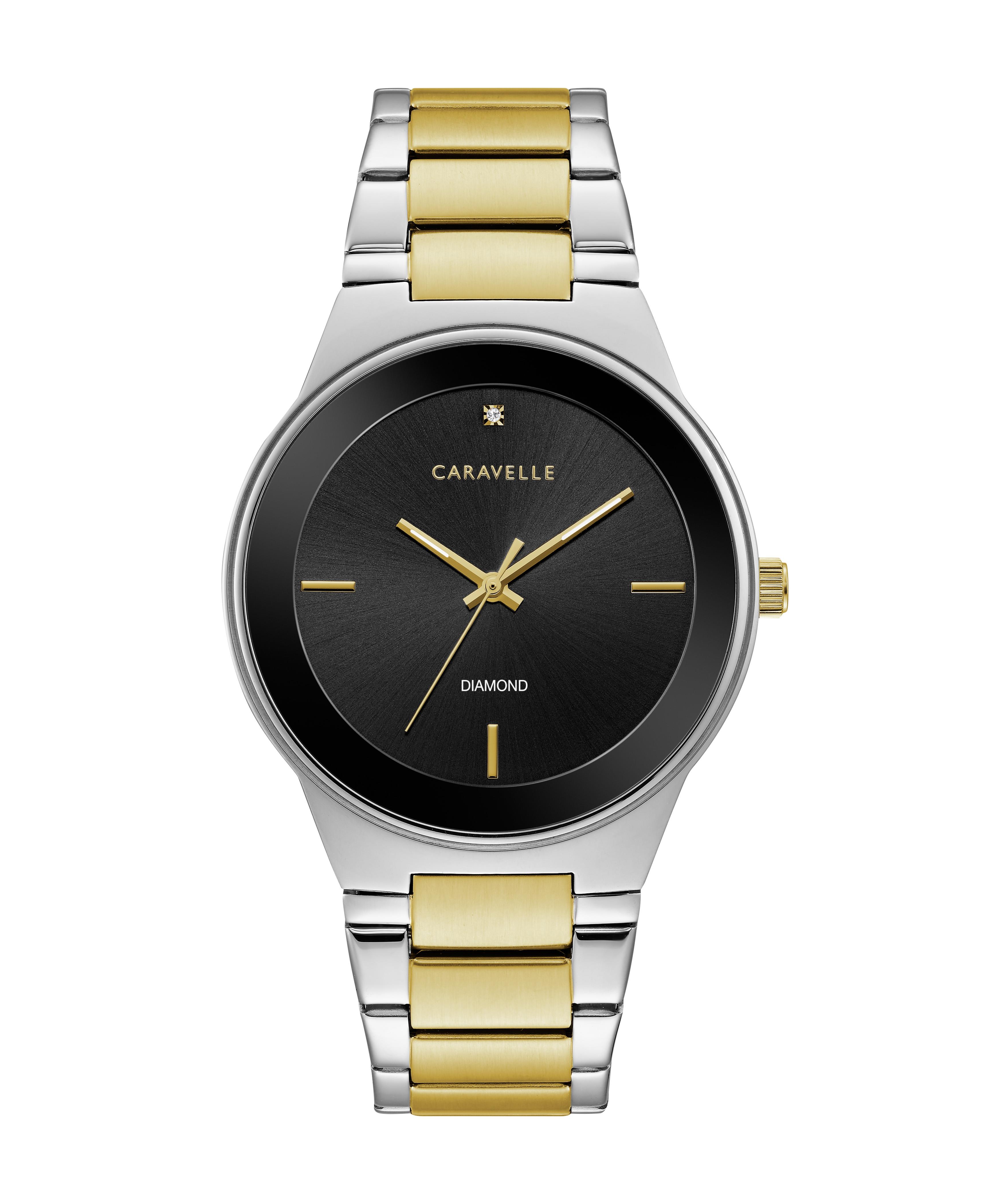 Men's Modern Diamond Bracelet Watch Two Tone Stainless Steel with Black Dial