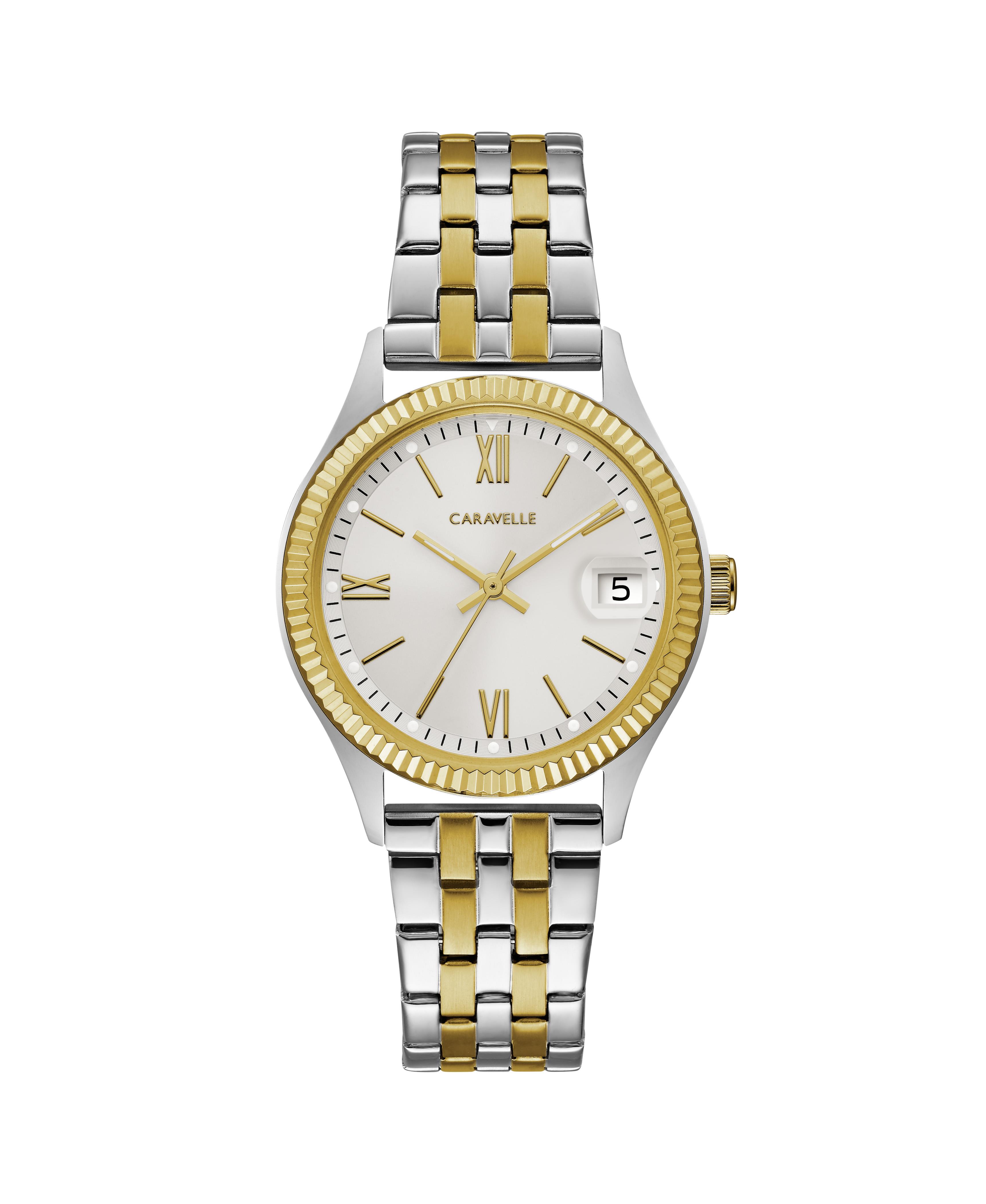 Ladies Two-tone Stainless Steel Bracelet Watch with Coin Edge Bezel and Date Marker