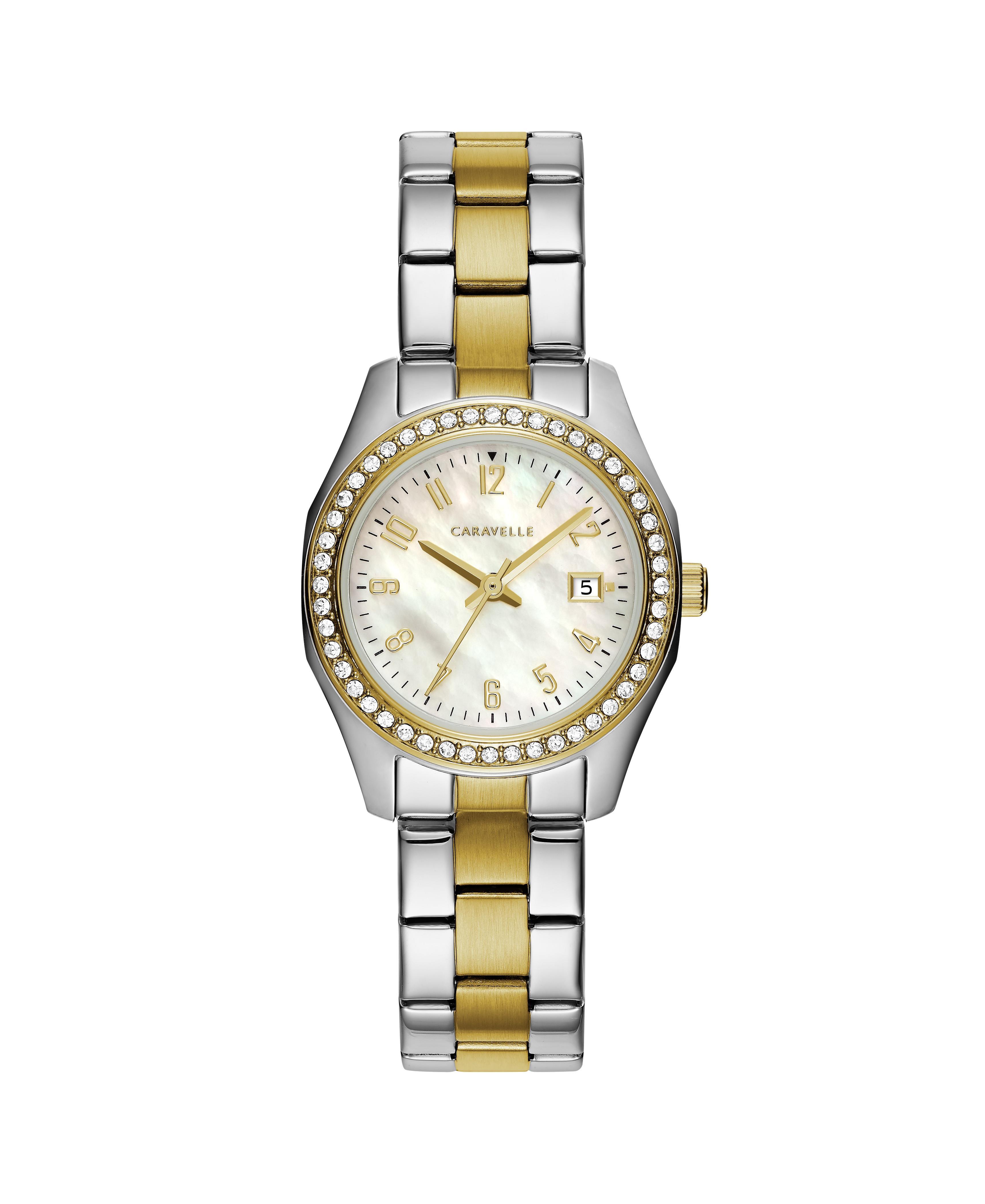 Ladies Two-tone Stainless Steel Bracelet Watch with MotherofPearl Dial Crystal Bezel and Date Marker