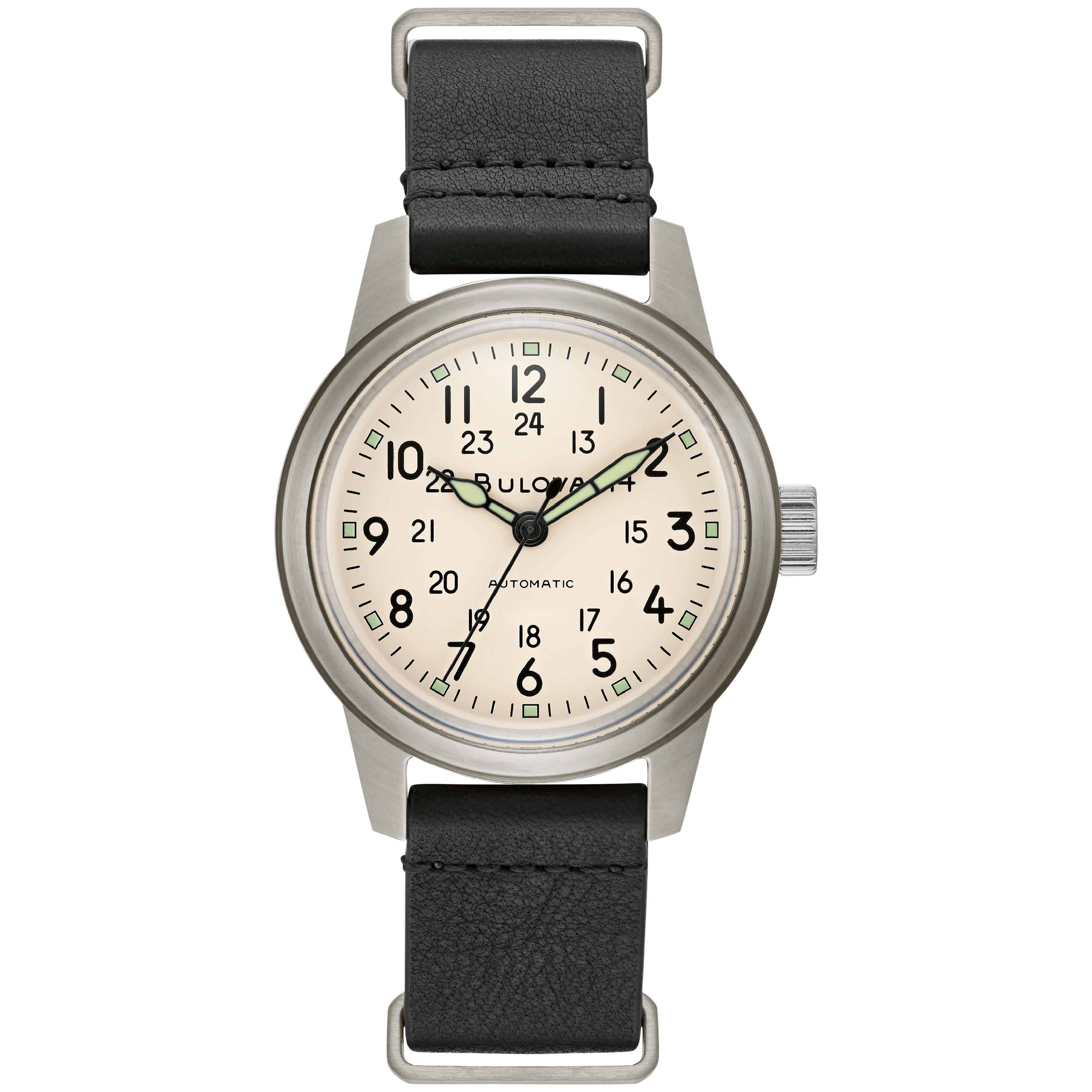 Men's Military Hack Watch, Black Leather NATO Strap