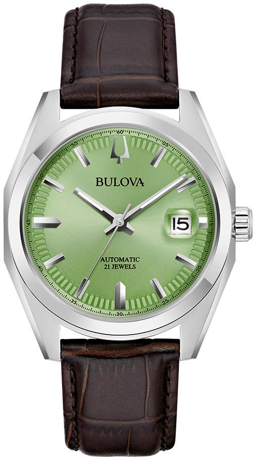 Mens Surveyor Automatic Silver & Brown Leather Strap Watch Pistachio Dial