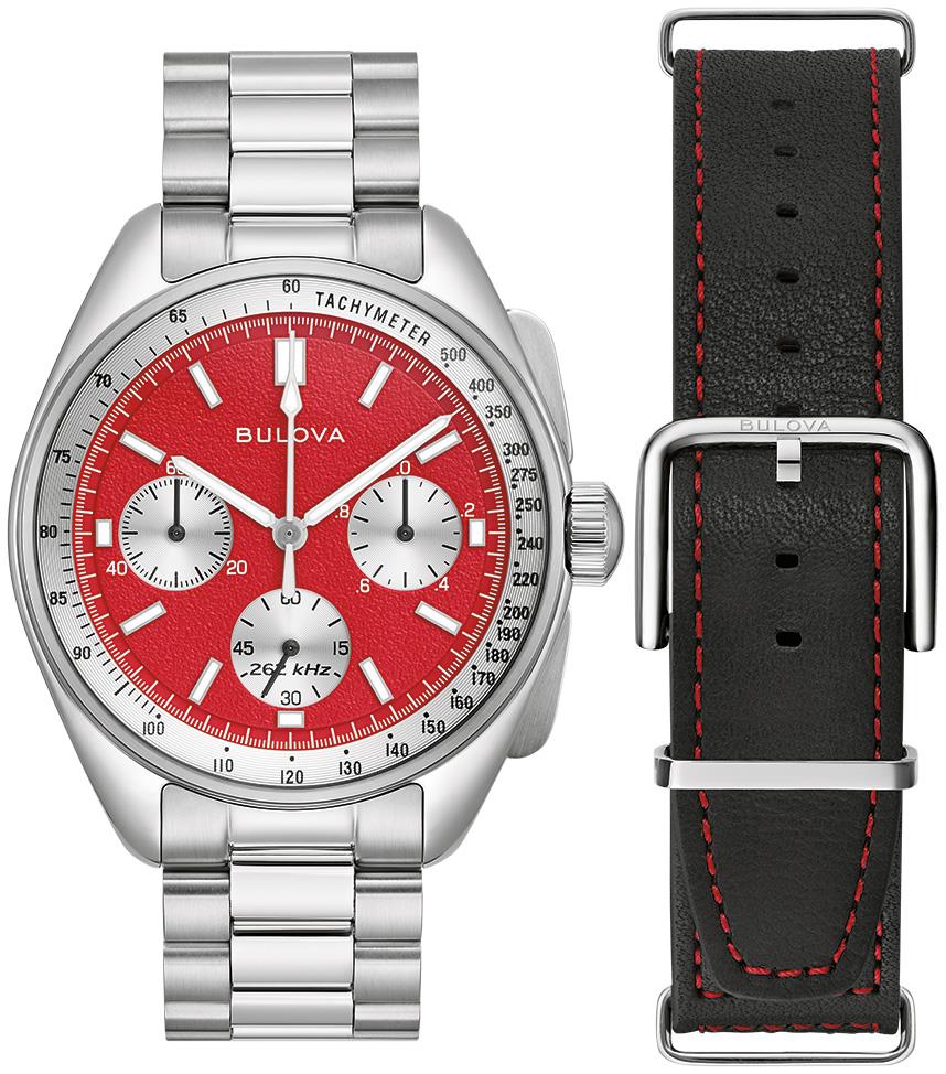 Men's Lunar Pilot Stainless Steel Combination Bracelet/Strap watch, Red dial