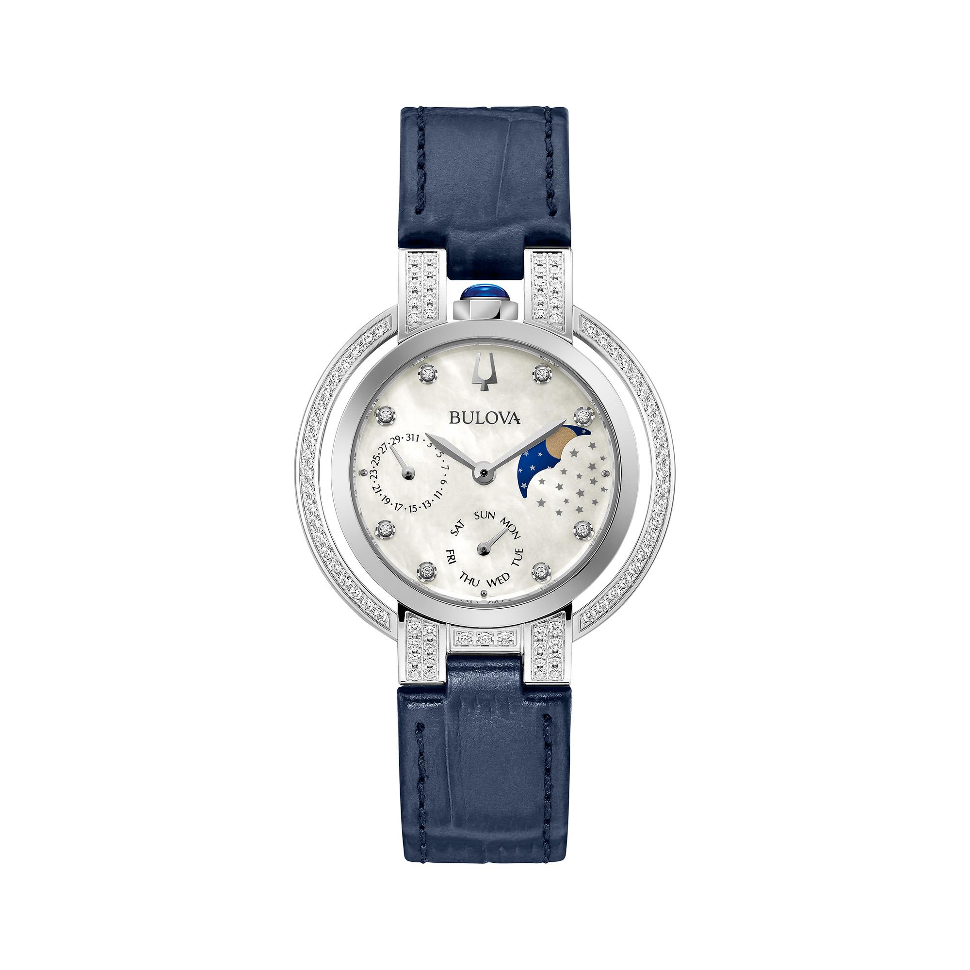 Ladies' Rubaiyat Diamond Navy Leather Strap Watch, Mother-of-Pearl Dial