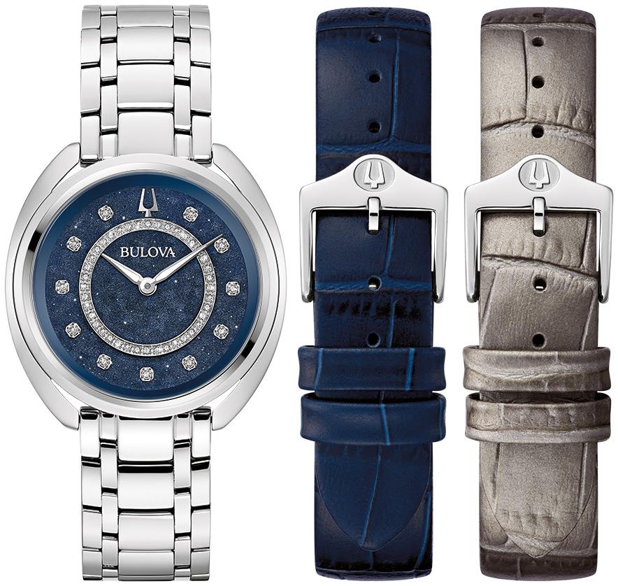 Ladies' Crystal Duality Set,  SS Bracelet watch, Blue dial, leather interchangeable straps