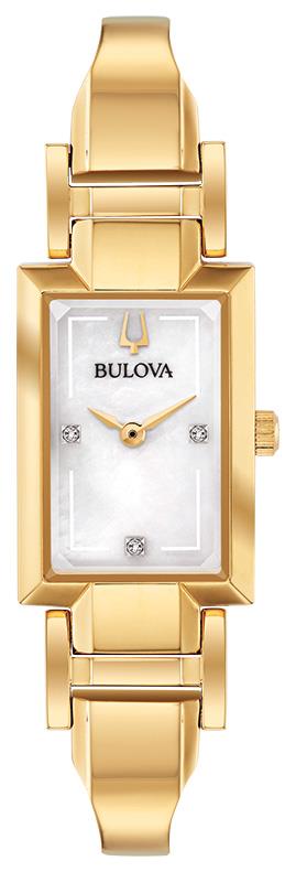 Ladies' Gold Tone Tank Cuff Watch with Diamond Accent and White Mother of Pearl Dial