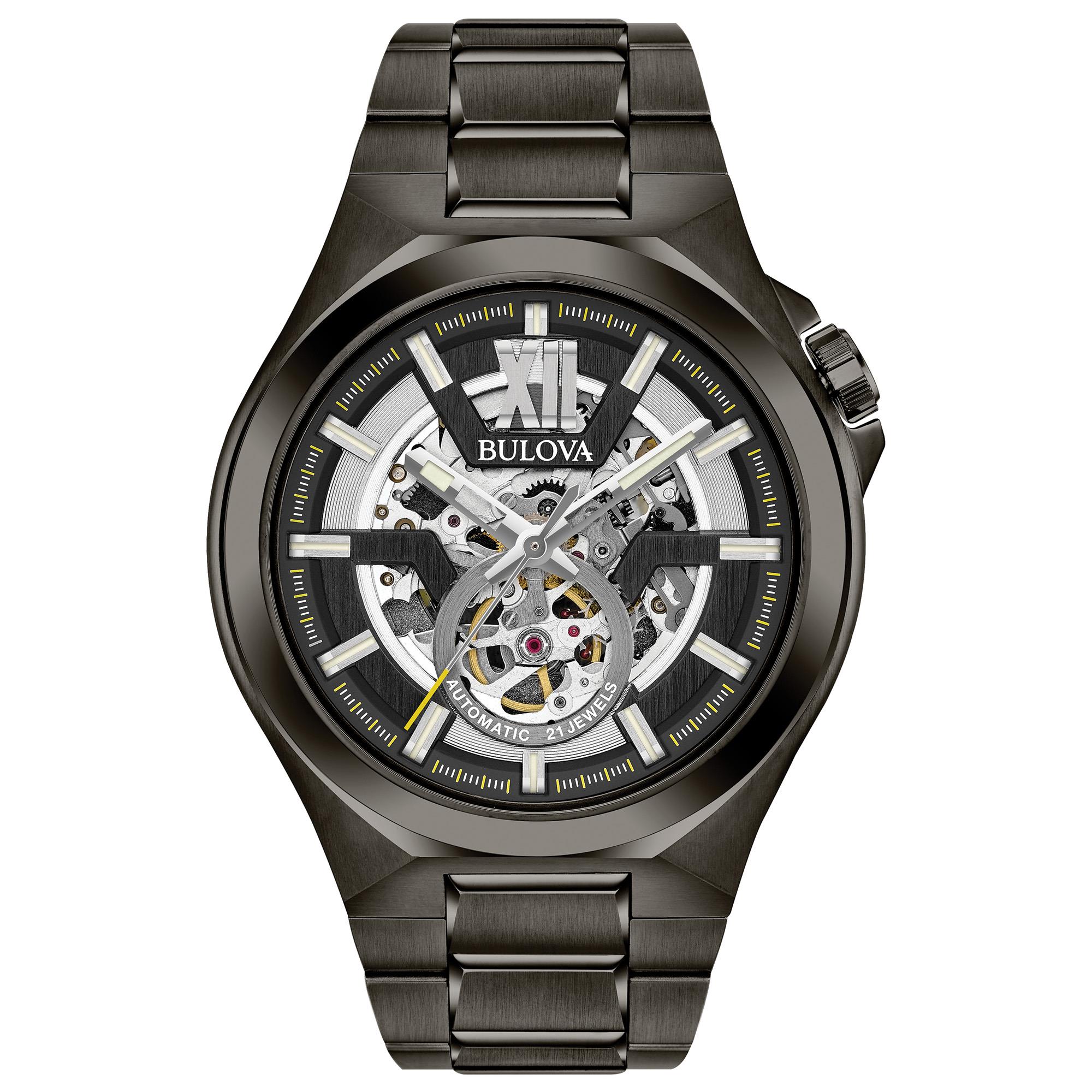 Men's Maquina Automatic Gunmetal IP Stainless Steel Watch, Black Skeleton Dial