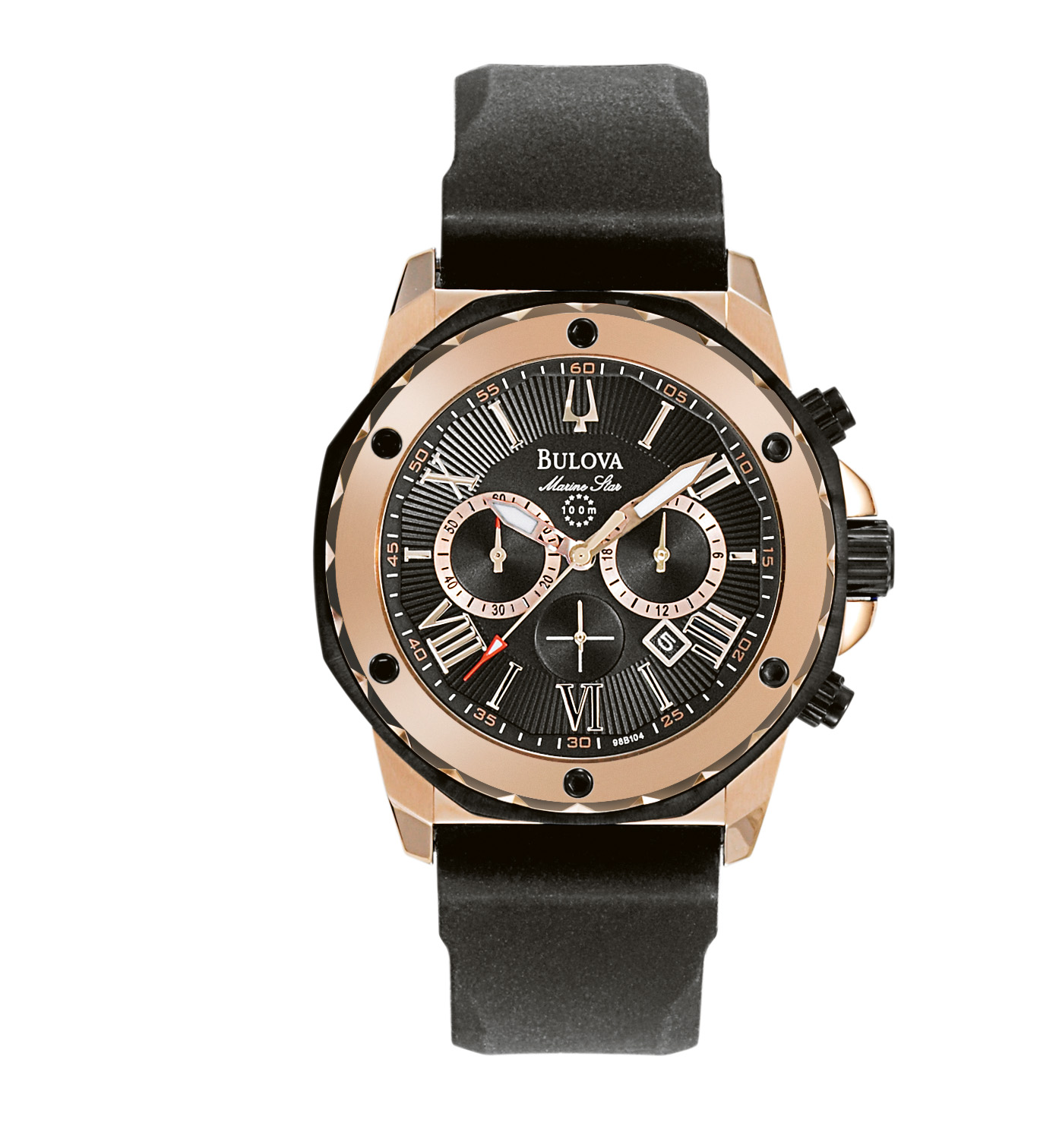 Men's Marine Star Watch, Black Rubber Strap with Rose Gold