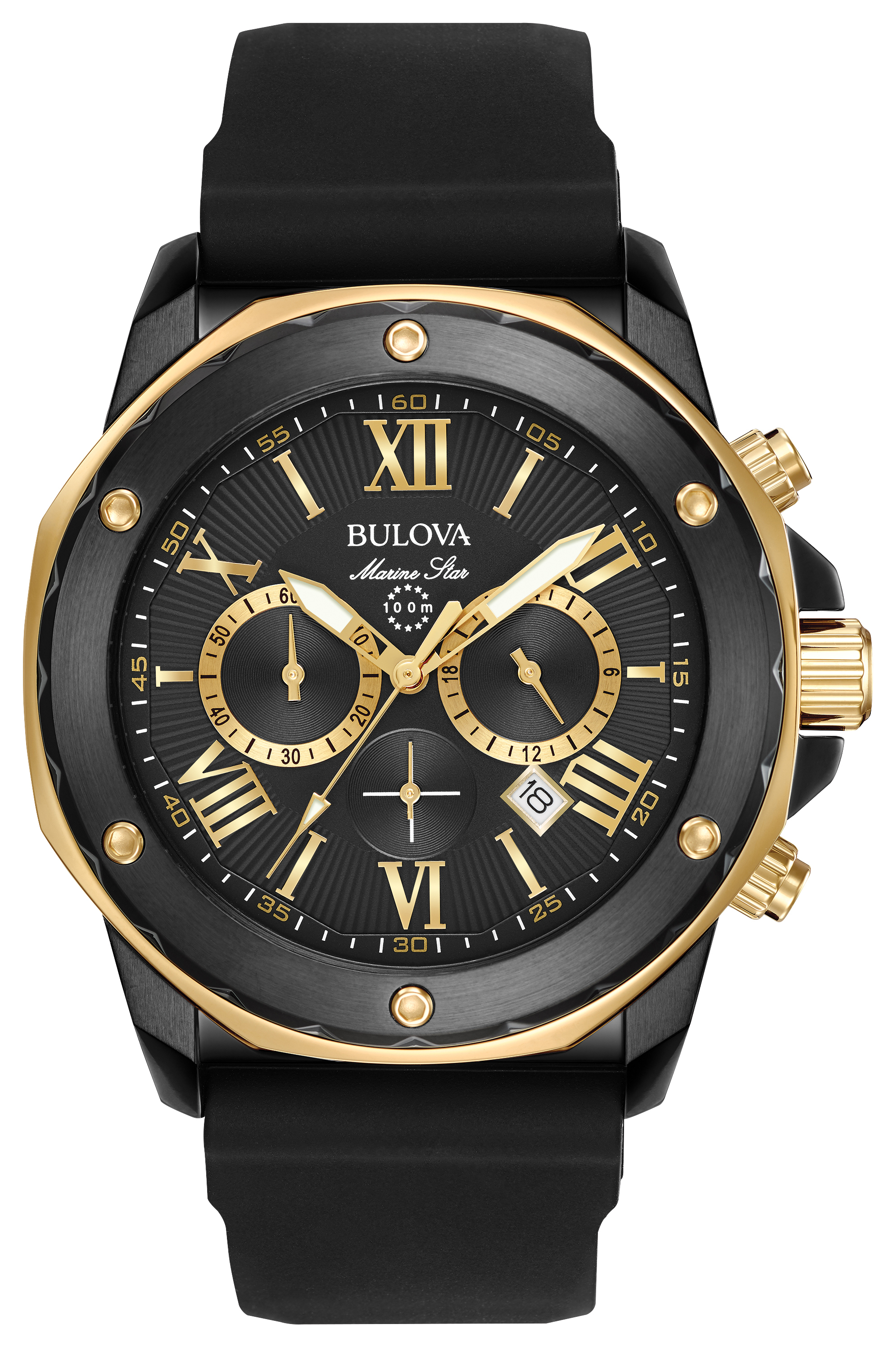 Men's Marine Star Watch, Black Rubber Strap with Gold-tone Accents
