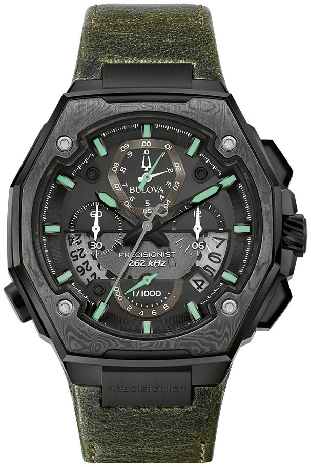 Men's Precisionist, Gray Damascus steel with Chronograph Dial and Green Leather Strap