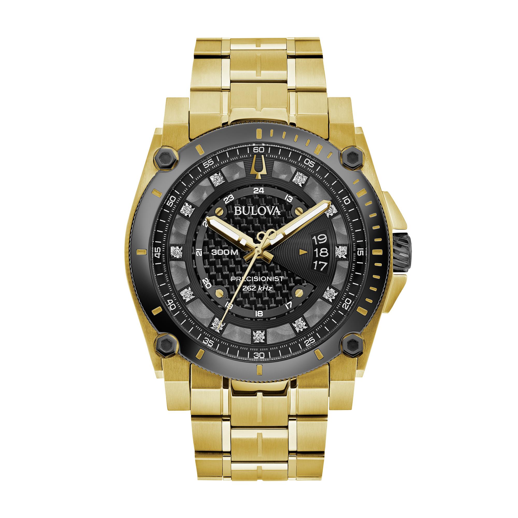 Men's Precisionist Gold Bracelet Watch with Black Dial and Diamonds