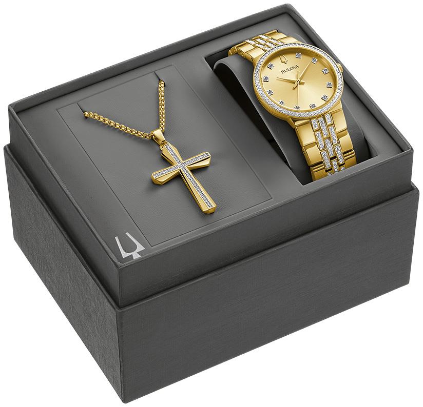Men's Crystal Box Set Stainless Steel Bracelet watch, Champagne dial