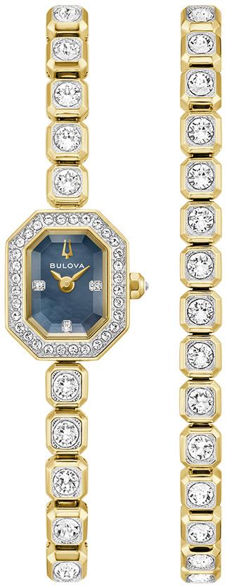 Ladies Crystal Box Set Gold-Tone Stainless Steel Watch w/ Bracelet Black MOP Dial
