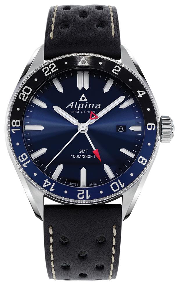 Alpiner Quartz GMT Dive Watch, Black Perforated Strap with Blue Dial