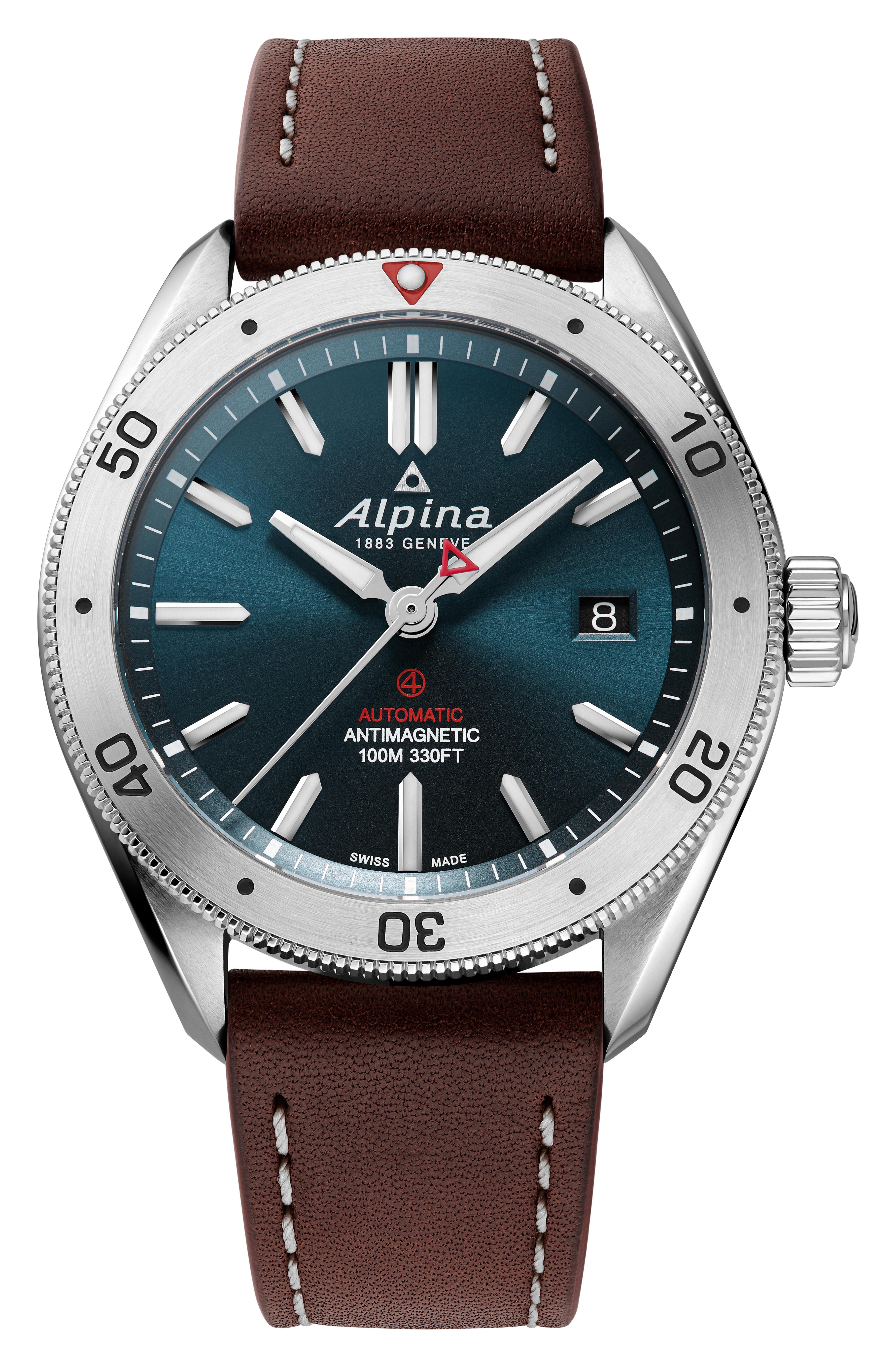 Men's Alpina Alpiner Leather Strap watch, Blue dial