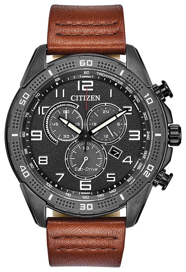 Men's Brycen Eco-Drive Leather Strap watch, Black dial