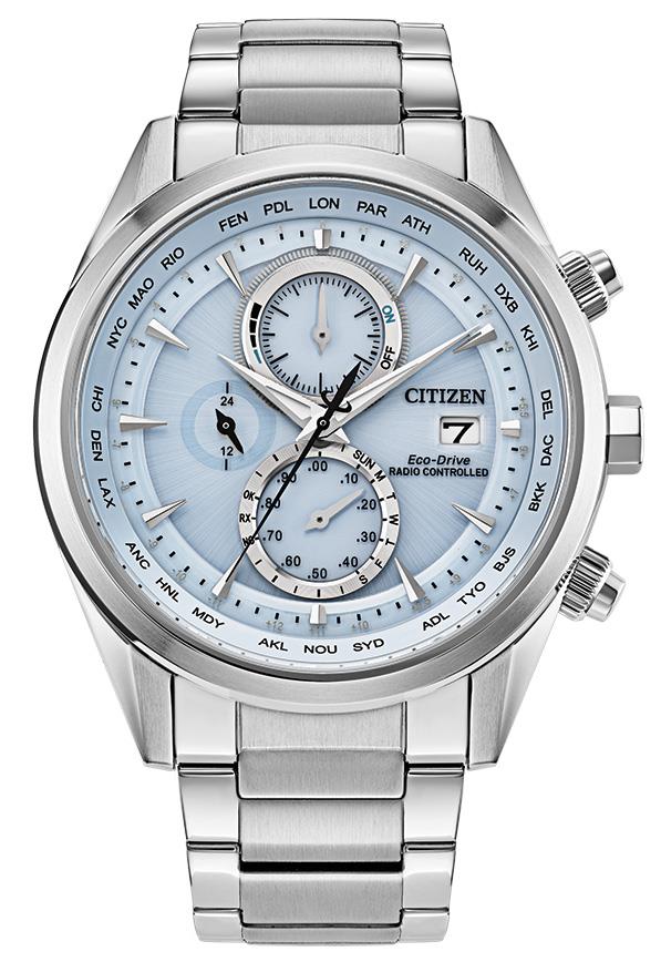 Men's Radio Control Eco-Drive Stainless Steel Bracelet watch, Light Blue dial