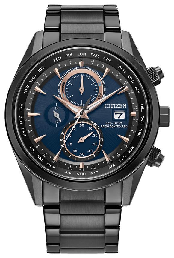Men's Radio Control Eco-Drive Stainless Steel Bracelet watch, Blue dial