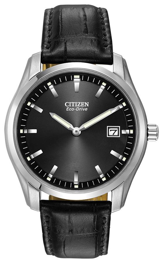Men's Classic Eco-Drive Leather Strap watch, Black dial