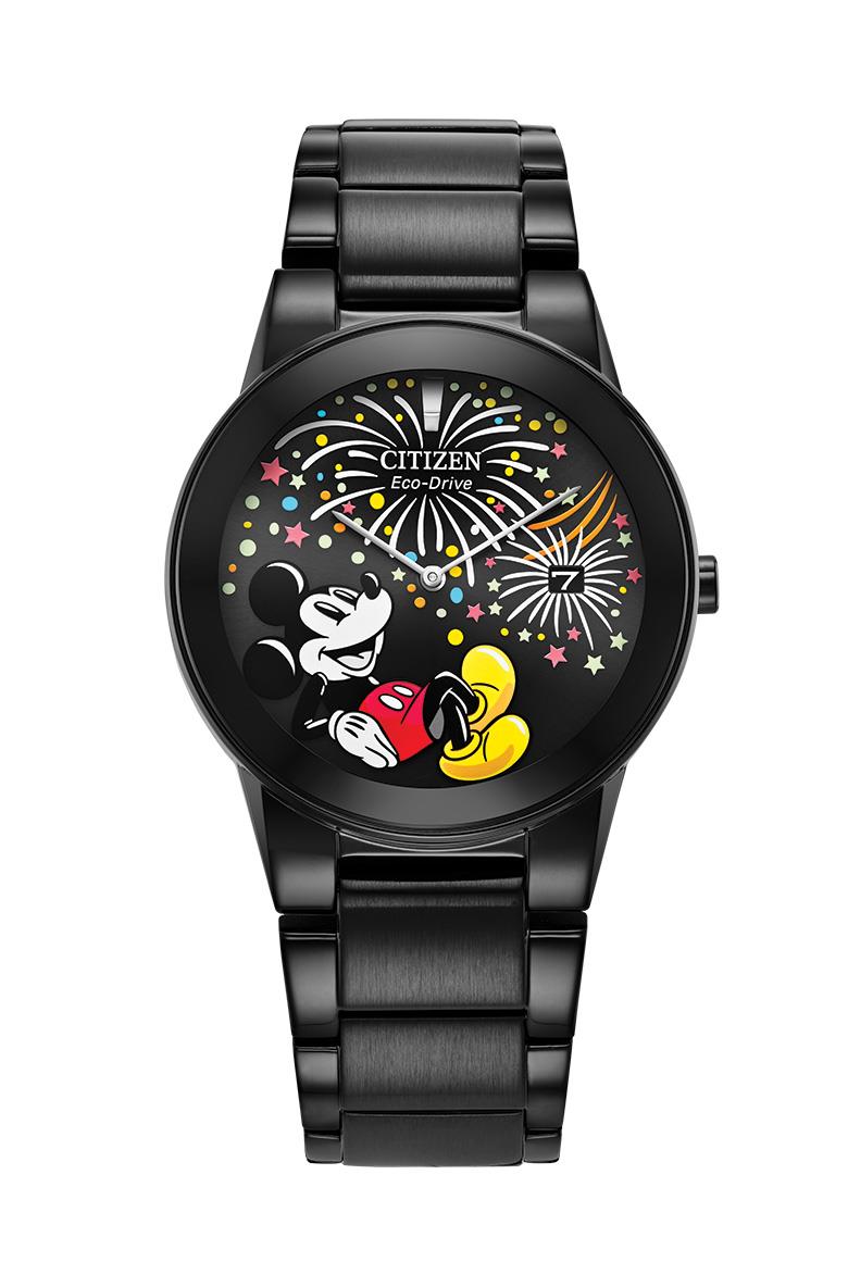 Unisex Mickey Mouse Black Stainless Steel Bracelet, Black dial