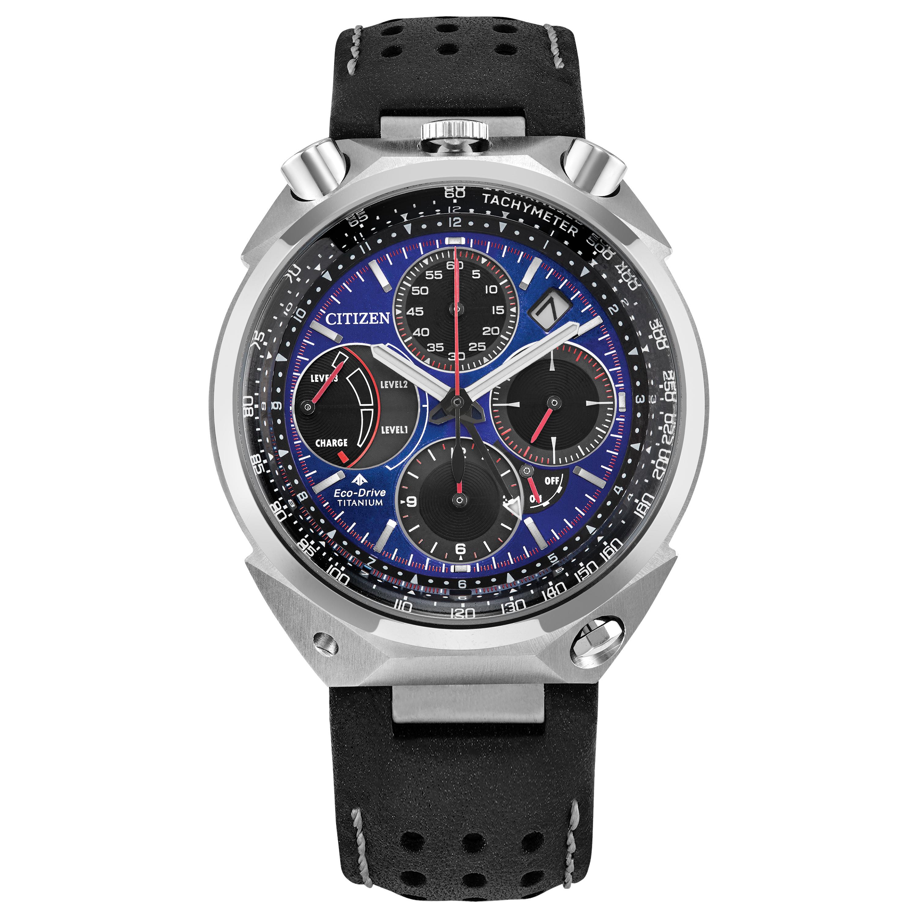 Men's Promaster Tsuno Chrono Eco-Drive Leather Strap watch, Blue dial