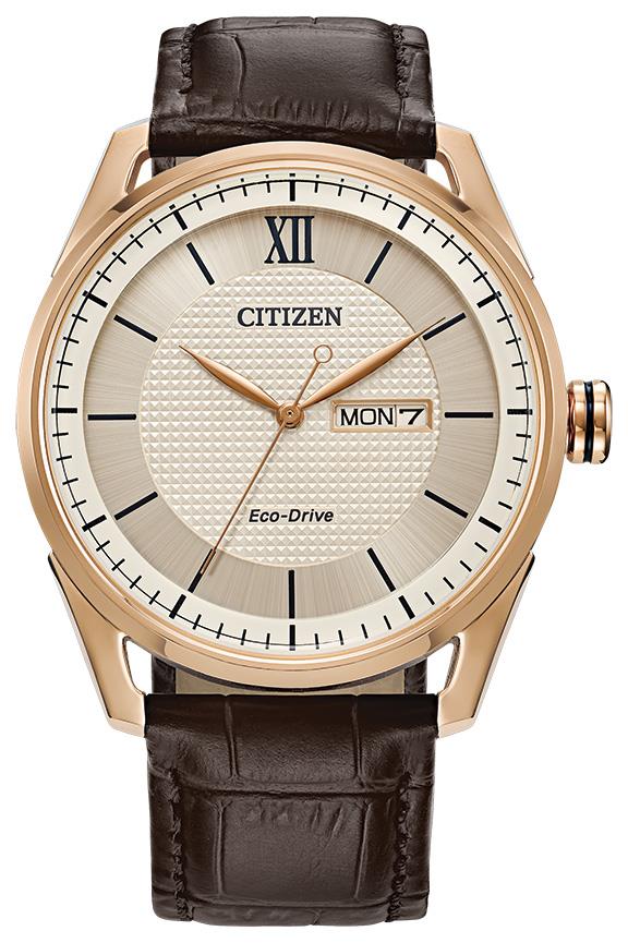 Mens Classic Eco-Drive Rose Gold & Brown Leather Strap Watch Ivory Dial