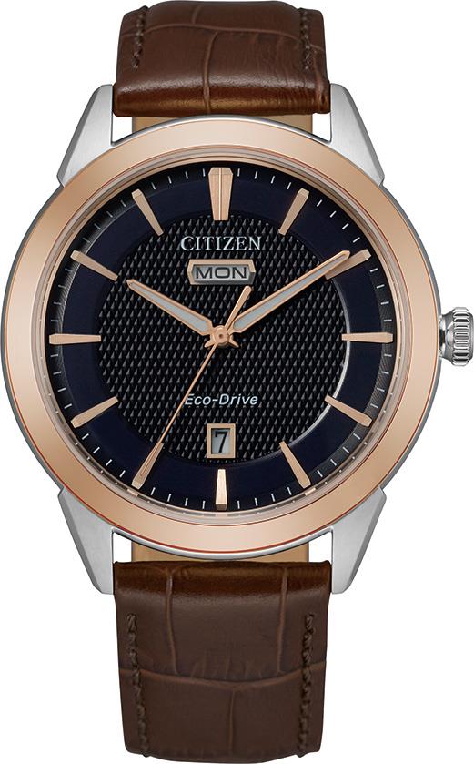 Men's Rolan Eco-Drive Leather Strap watch, Navy dial