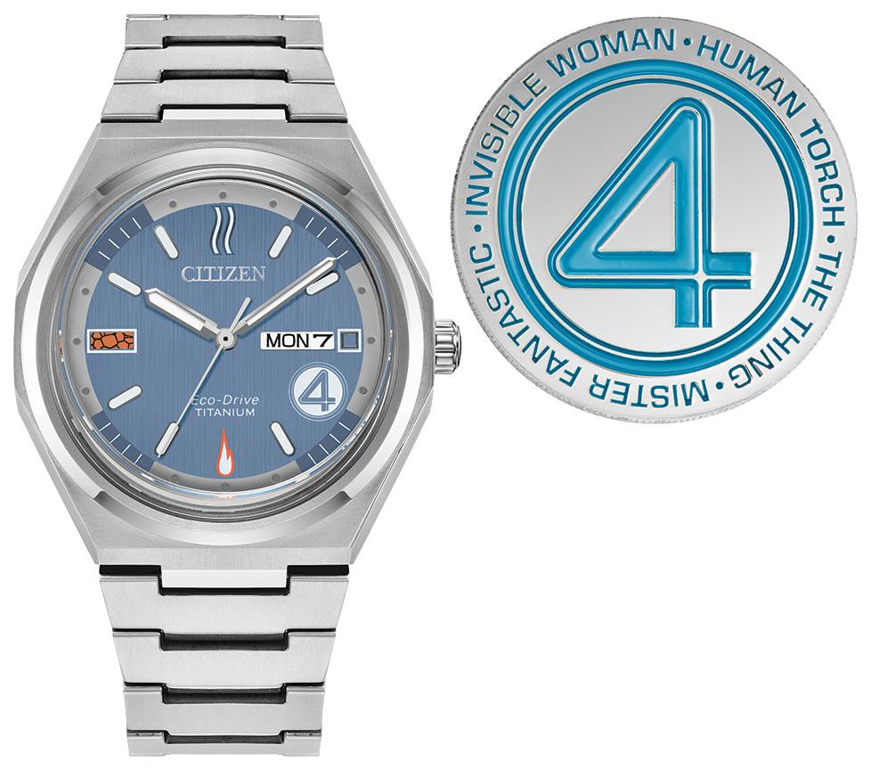 Men's Fantastic Four Boxed Set, Stainless Steel Bracelet watch, Blue dial and pins