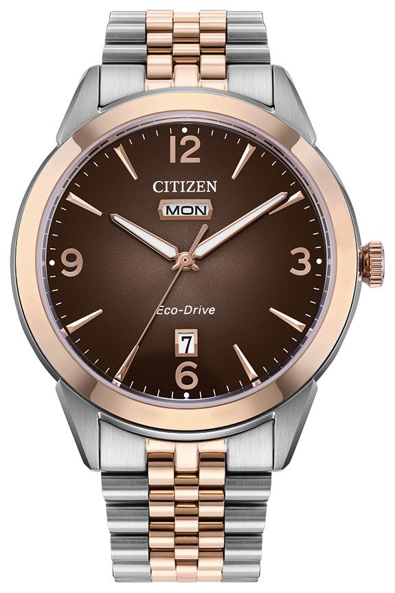 Mens Rolan Eco-Drive Rose Gold & Silver-Tone Stainless Steel Watch Brown Dial