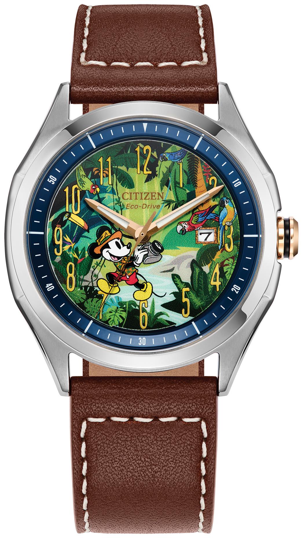 Unisex Mickey Mouse Explorer Brown Leather Strap Watch Green Dial