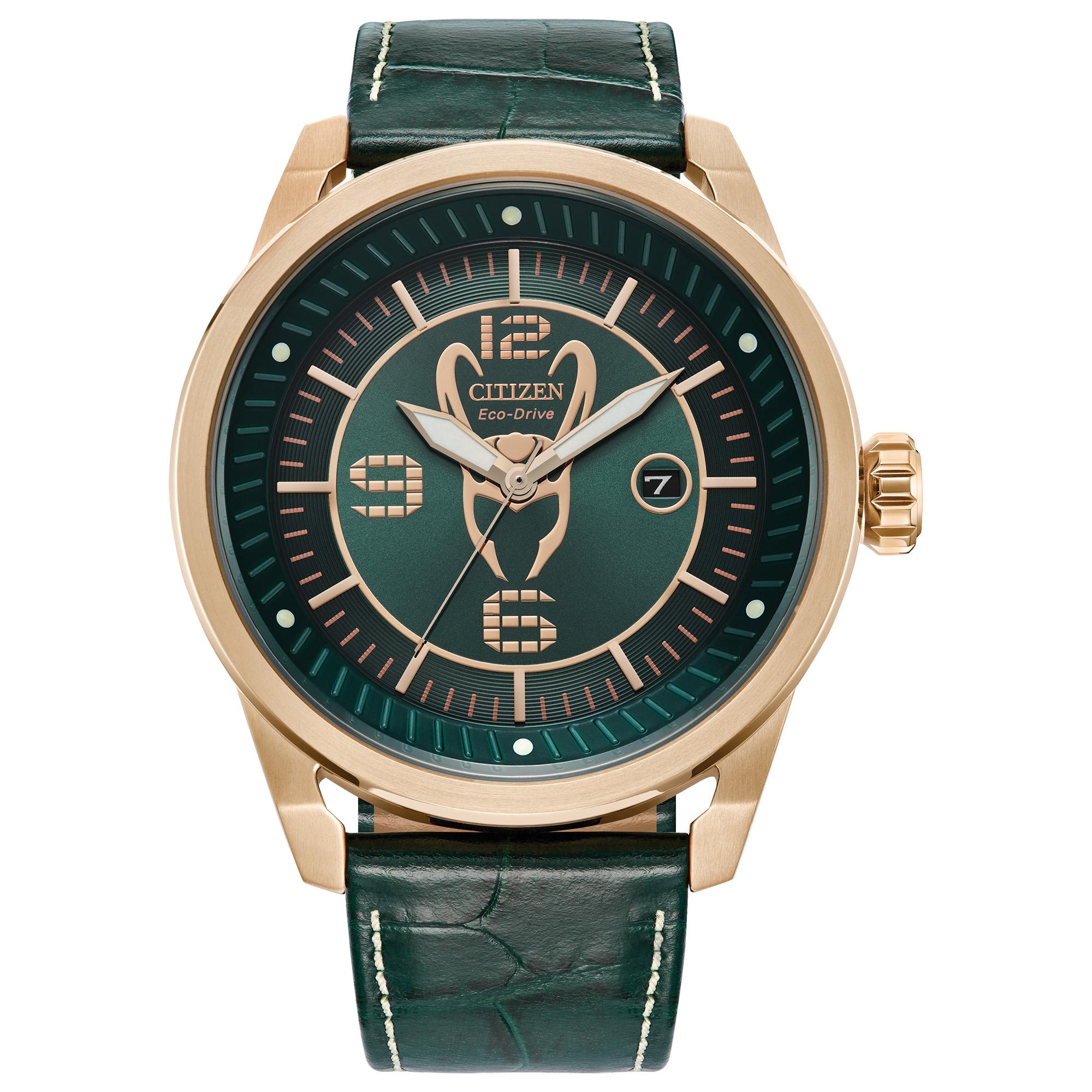 Mens Marvel Villans Leather Strap watch, Green dial