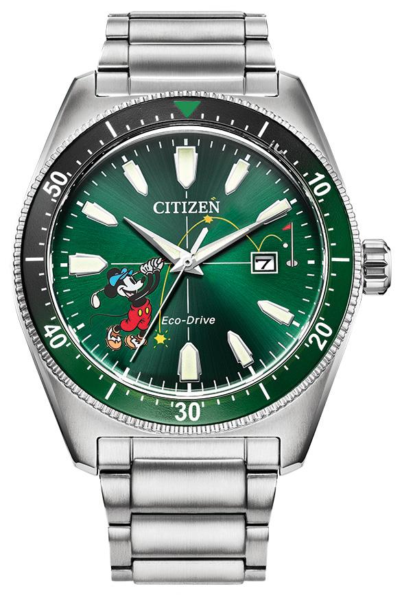 Men's Mickey Sport Silver-Tone Stainless Steel Bracelet, Green dial