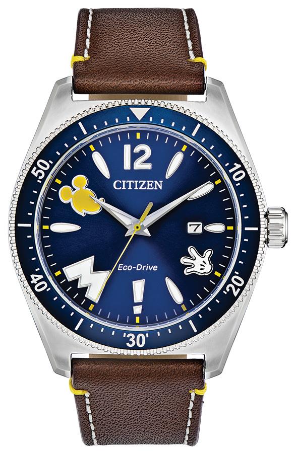 Vintage Mickey Mouse Eco-Drive Watch, Brown Strap with Blue Dial and Yellow Accents