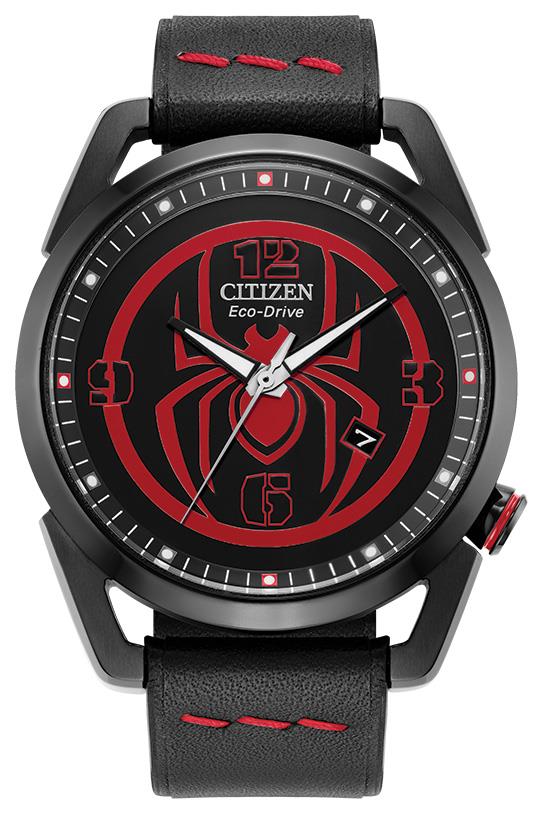Men's Miles Morales Eco-Drive Black Leather Strap, Black Dial
