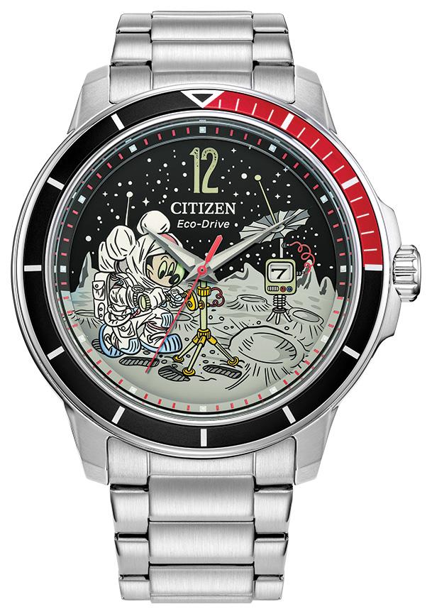 Men's Mickey Astronaut Eco-Drive Silver-Tone Stainless Steel Watch, Black Dial