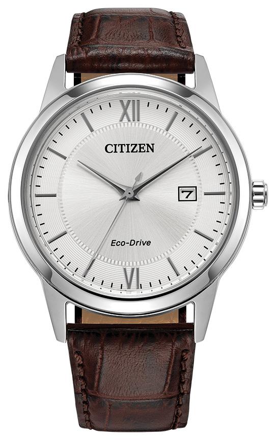 Men's Classic Eco-Drive Leather Strap watch, Silver-Tone dial