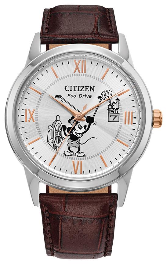 Men's Disney Mickey Mouse Leather Strap, Silver-Tone dial
