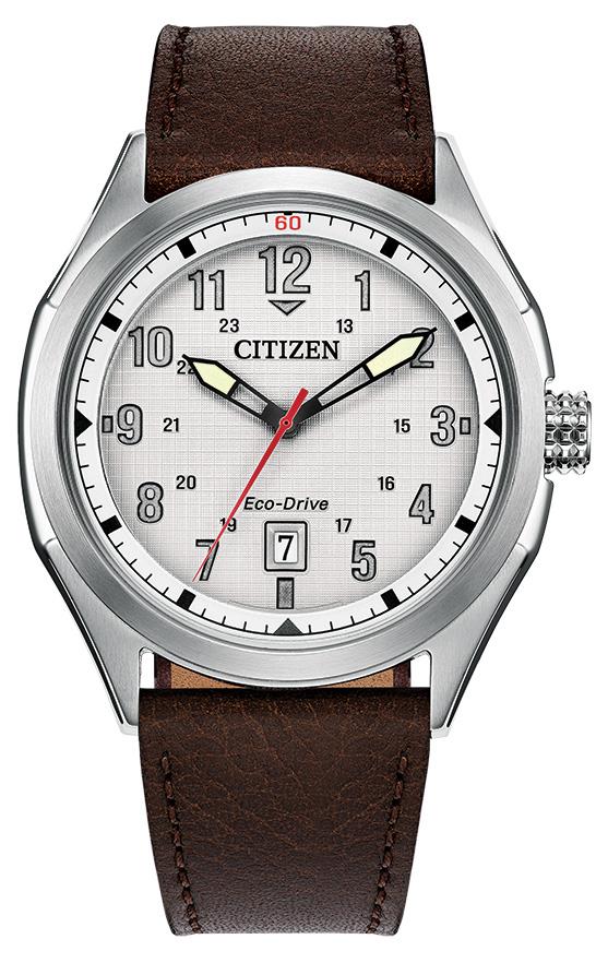Men's Eco-Drive Terra Force Leather Strap watch, Silver-Tone dial