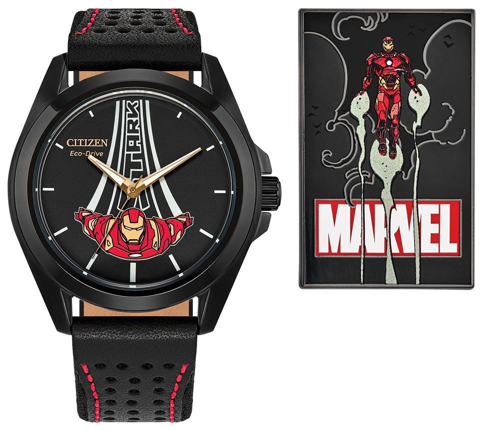 Men's Tony Stark Boxed Set with Leather Strap watch, Black dial and pin